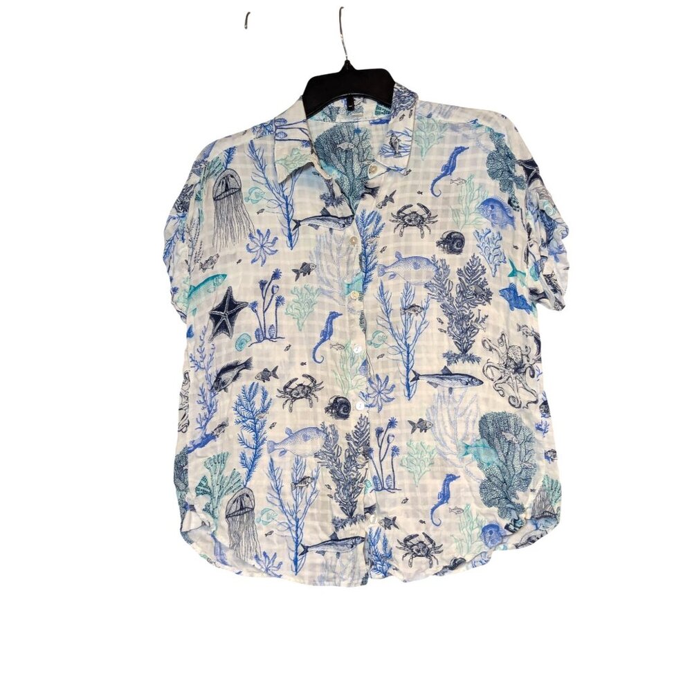 Jane + Delancey Ocean Print Button-Up Shirt M 100% Rayon Blue & White Nautical T